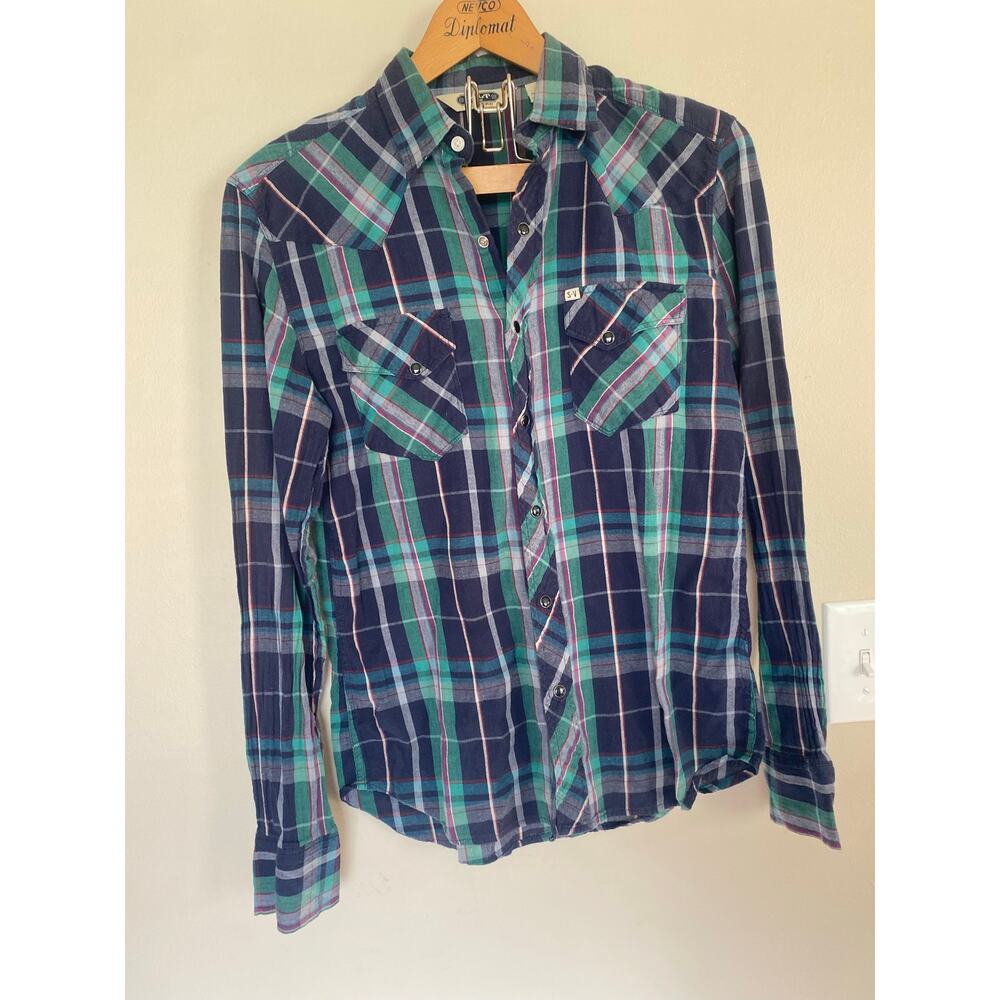 Salt Valley Western Lightweight Plaid Flannel Pearl Snap Rockabilly L/S Shirt S